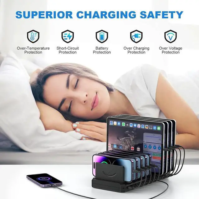 Alt view image 6 of 7 - Charging Station for Multiple Devices 60W 10 Port USB Fast Charging Station with Adjustable Dividers Compatible with iPhone iPad Tablets and Cell Phone (Black)