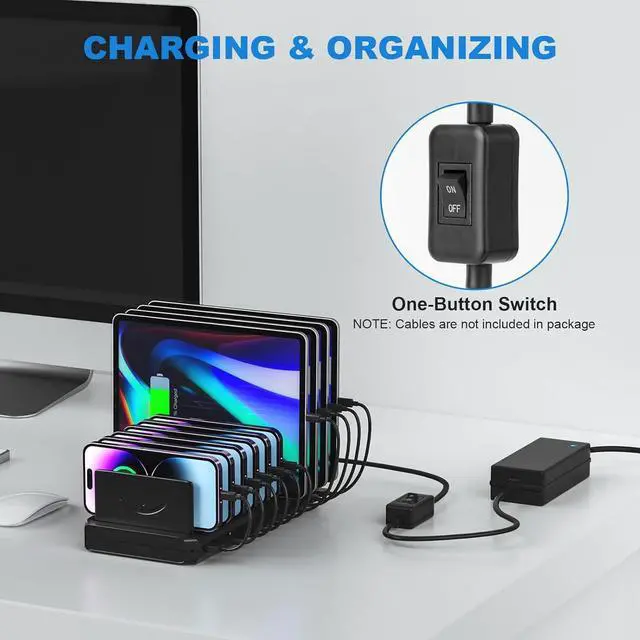 Alt view image 7 of 7 - Charging Station for Multiple Devices 60W 10 Port USB Fast Charging Station with Adjustable Dividers Compatible with iPhone iPad Tablets and Cell Phone (Black)