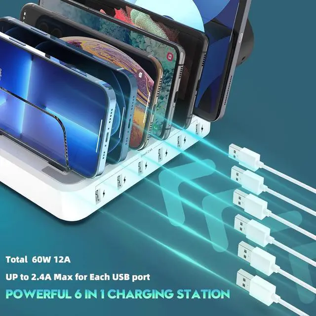 Alt view image 2 of 7 - Charging Station for Multiple Devices 60W 6 Port Charger Station with 7 Mixed Charging Cables USB Charging Dock Compatible with Cellphone Tablet Kindle iPhone iPad and More (White)