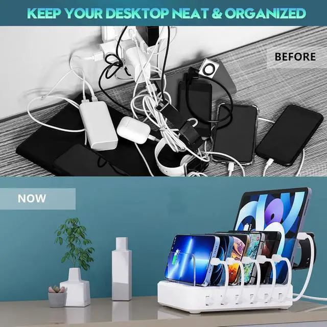 Alt view image 3 of 7 - Charging Station for Multiple Devices 60W 6 Port Charger Station with 7 Mixed Charging Cables USB Charging Dock Compatible with Cellphone Tablet Kindle iPhone iPad and More (White)