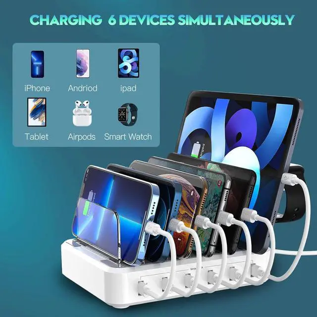 Alt view image 4 of 7 - Charging Station for Multiple Devices 60W 6 Port Charger Station with 7 Mixed Charging Cables USB Charging Dock Compatible with Cellphone Tablet Kindle iPhone iPad and More (White)