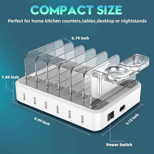 Alt view image 5 of 7 - Charging Station for Multiple Devices 60W 6 Port Charger Station with 7 Mixed Charging Cables USB Charging Dock Compatible with Cellphone Tablet Kindle iPhone iPad and More (White)