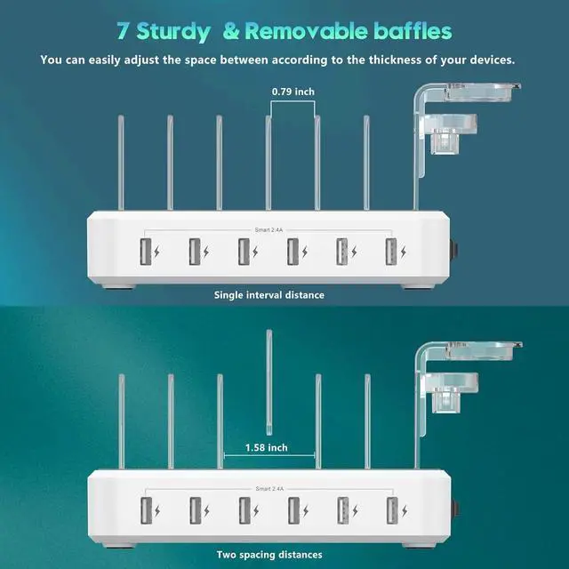 Alt view image 7 of 7 - Charging Station for Multiple Devices 60W 6 Port Charger Station with 7 Mixed Charging Cables USB Charging Dock Compatible with Cellphone Tablet Kindle iPhone iPad and More (White)