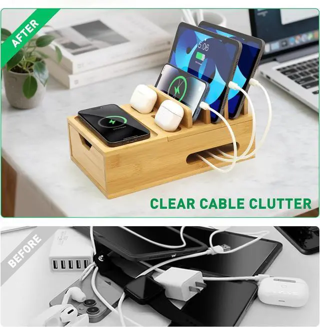 Alt view image 2 of 7 - Bamboo Charging Station for Multiple Devices Desk Charging Organizer with Drawer & Tray Wood Docking Station for Multi Devices Cell Phone Tablet (Included 6 Cables 5 Port USB Charger)