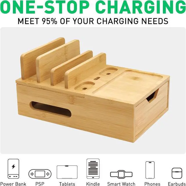 Alt view image 3 of 7 - Bamboo Charging Station for Multiple Devices Desk Charging Organizer with Drawer & Tray Wood Docking Station for Multi Devices Cell Phone Tablet (Included 6 Cables 5 Port USB Charger)