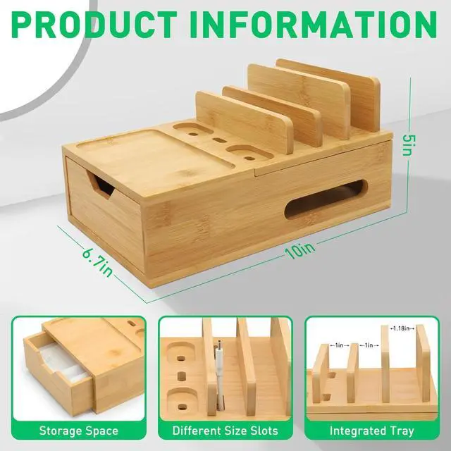 Alt view image 4 of 7 - Bamboo Charging Station for Multiple Devices Desk Charging Organizer with Drawer & Tray Wood Docking Station for Multi Devices Cell Phone Tablet (Included 6 Cables 5 Port USB Charger)