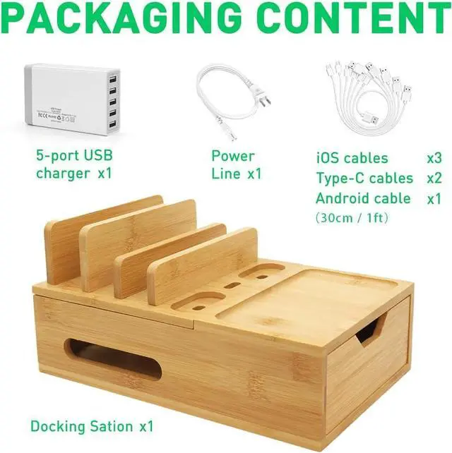 Alt view image 5 of 7 - Bamboo Charging Station for Multiple Devices Desk Charging Organizer with Drawer & Tray Wood Docking Station for Multi Devices Cell Phone Tablet (Included 6 Cables 5 Port USB Charger)