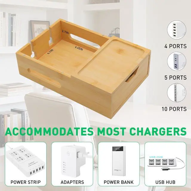 Alt view image 7 of 7 - Bamboo Charging Station for Multiple Devices Desk Charging Organizer with Drawer & Tray Wood Docking Station for Multi Devices Cell Phone Tablet (Included 6 Cables 5 Port USB Charger)