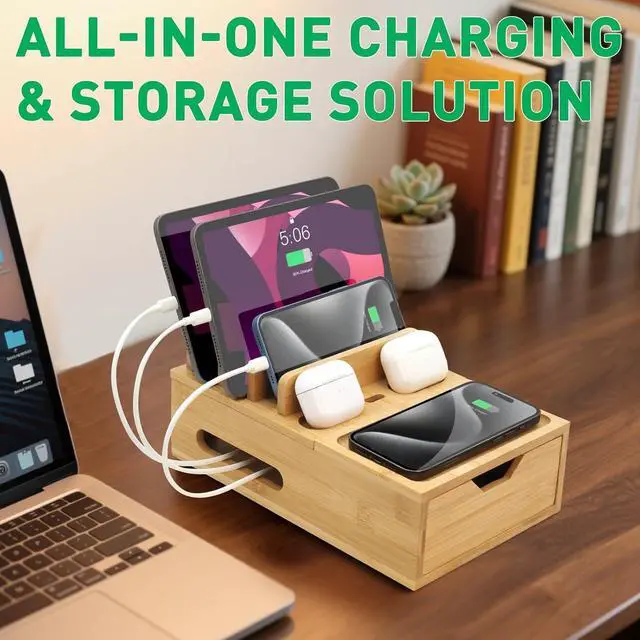 Alt view image 6 of 7 - Bamboo Charging Station for Multiple Devices Desk Charging Organizer with Drawer & Tray Wood Docking Station for Multi Devices Cell Phone Tablet (Included 6 Cables 5 Port USB Charger)