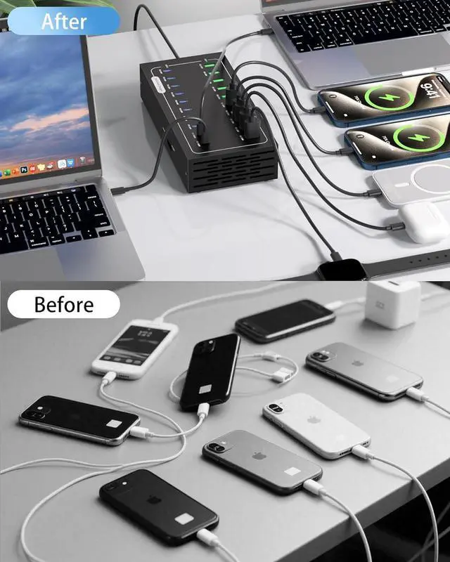 Alt view image 5 of 7 - 690W USB Charging Station 20 Port Fast Charging Station for Multiple Devices PD 100W USB C Charger Block Smart Power Delivery & Multi Protection for Laptop MacBook iPhone iPad Tablet and More
