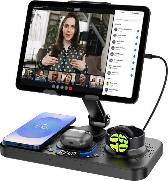 Main image of 30W Magnetic Wireless Charger for  6 in 1 Foldable Android Mag-Safe Charging Station for Tablet with Clock & 7 Color Light Nightstand Charger for Galaxy S25 Ultra/Watch 8/Buds 3 Pro(Black)