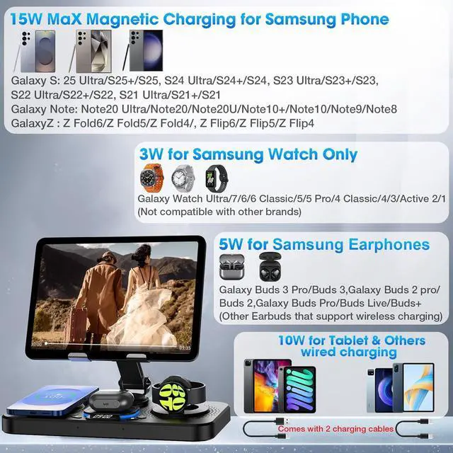 Alt view image 2 of 7 - 30W Magnetic Wireless Charger for  6 in 1 Foldable Android Mag-Safe Charging Station for Tablet with Clock & 7 Color Light Nightstand Charger for Galaxy S25 Ultra/Watch 8/Buds 3 Pro(Black)