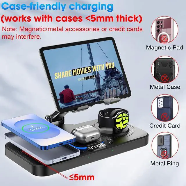 Alt view image 6 of 7 - 30W Magnetic Wireless Charger for  6 in 1 Foldable Android Mag-Safe Charging Station for Tablet with Clock & 7 Color Light Nightstand Charger for Galaxy S25 Ultra/Watch 8/Buds 3 Pro(Black)