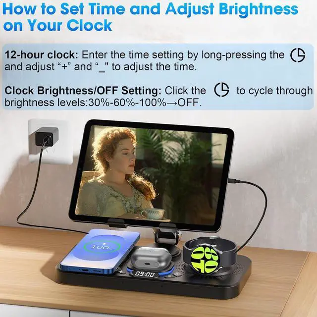 Alt view image 5 of 7 - 30W Magnetic Wireless Charger for  6 in 1 Foldable Android Mag-Safe Charging Station for Tablet with Clock & 7 Color Light Nightstand Charger for Galaxy S25 Ultra/Watch 8/Buds 3 Pro(Black)