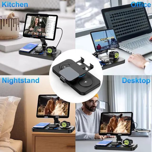 Alt view image 7 of 7 - 30W Magnetic Wireless Charger for  6 in 1 Foldable Android Mag-Safe Charging Station for Tablet with Clock & 7 Color Light Nightstand Charger for Galaxy S25 Ultra/Watch 8/Buds 3 Pro(Black)