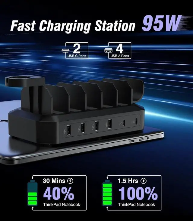 Alt view image 3 of 7 - 95W Fast Charging Station for Multiple DevicesPatent & Safety Certs 6-Port USB Charging Dock with 2 PD Ports Compatible with Cellphones/iPad/MacBook/Kindle/Tablets (8 Mix Cables & 2 Stands Included)