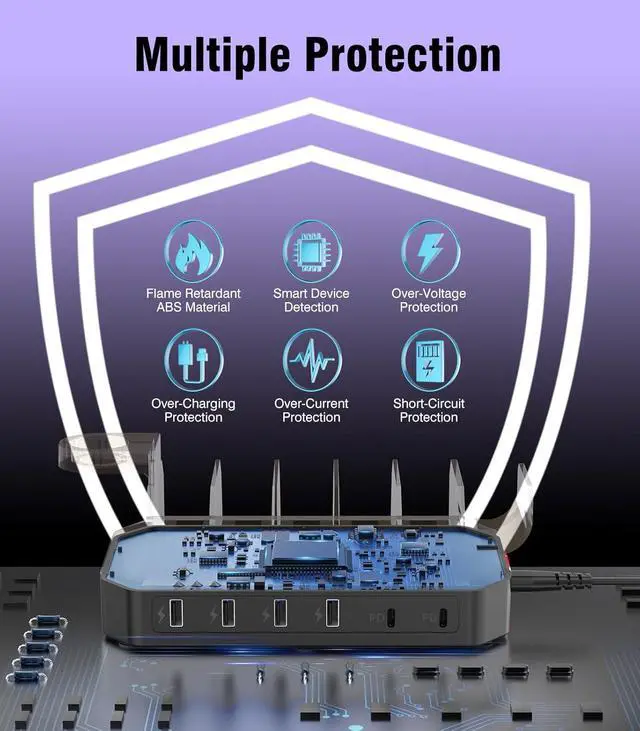 Alt view image 4 of 7 - 95W Fast Charging Station for Multiple DevicesPatent & Safety Certs 6-Port USB Charging Dock with 2 PD Ports Compatible with Cellphones/iPad/MacBook/Kindle/Tablets (8 Mix Cables & 2 Stands Included)