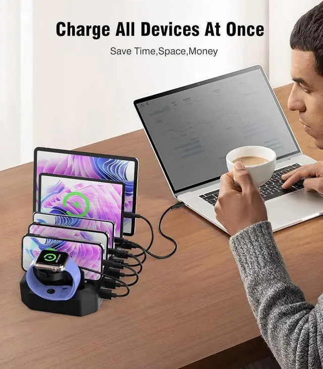 Alt view image 5 of 7 - 95W Fast Charging Station for Multiple DevicesPatent & Safety Certs 6-Port USB Charging Dock with 2 PD Ports Compatible with Cellphones/iPad/MacBook/Kindle/Tablets (8 Mix Cables & 2 Stands Included)