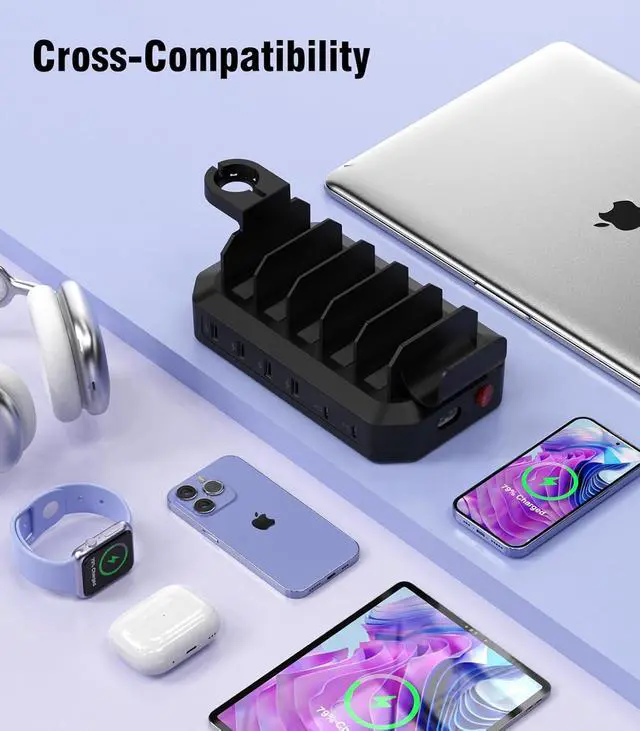 Alt view image 7 of 7 - 95W Fast Charging Station for Multiple DevicesPatent & Safety Certs 6-Port USB Charging Dock with 2 PD Ports Compatible with Cellphones/iPad/MacBook/Kindle/Tablets (8 Mix Cables & 2 Stands Included)