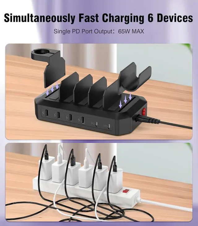 Alt view image 6 of 7 - 95W Fast Charging Station for Multiple DevicesPatent & Safety Certs 6-Port USB Charging Dock with 2 PD Ports Compatible with Cellphones/iPad/MacBook/Kindle/Tablets (8 Mix Cables & 2 Stands Included)