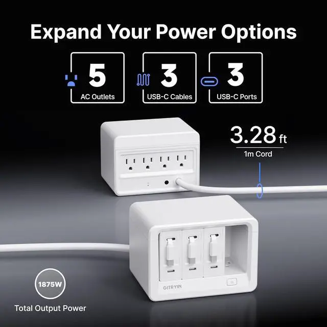 Alt view image 2 of 7 - 11-in-1 Desktop Charging Station with 3 Retractable Wall Chargers 40W USB-C Power Strip with 5 AC 3 USB C 3 Type-C 31.5in Cables Extension Cord with 1020J Surge Protection for Home Office