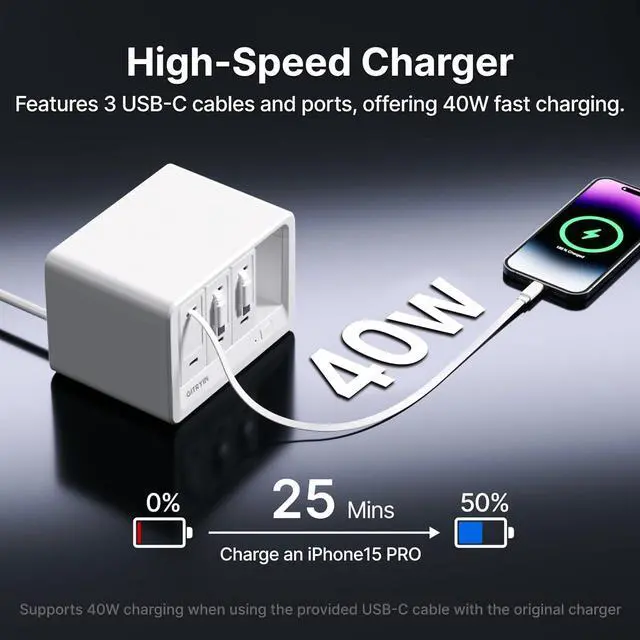 Alt view image 4 of 7 - 11-in-1 Desktop Charging Station with 3 Retractable Wall Chargers 40W USB-C Power Strip with 5 AC 3 USB C 3 Type-C 31.5in Cables Extension Cord with 1020J Surge Protection for Home Office