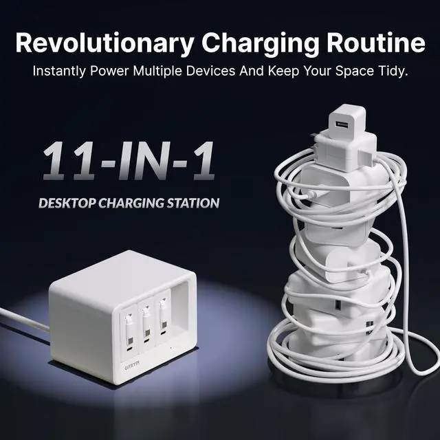 Alt view image 3 of 7 - 11-in-1 Desktop Charging Station with 3 Retractable Wall Chargers 40W USB-C Power Strip with 5 AC 3 USB C 3 Type-C 31.5in Cables Extension Cord with 1020J Surge Protection for Home Office