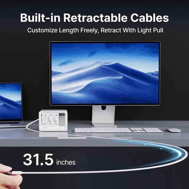 Alt view image 5 of 7 - 11-in-1 Desktop Charging Station with 3 Retractable Wall Chargers 40W USB-C Power Strip with 5 AC 3 USB C 3 Type-C 31.5in Cables Extension Cord with 1020J Surge Protection for Home Office