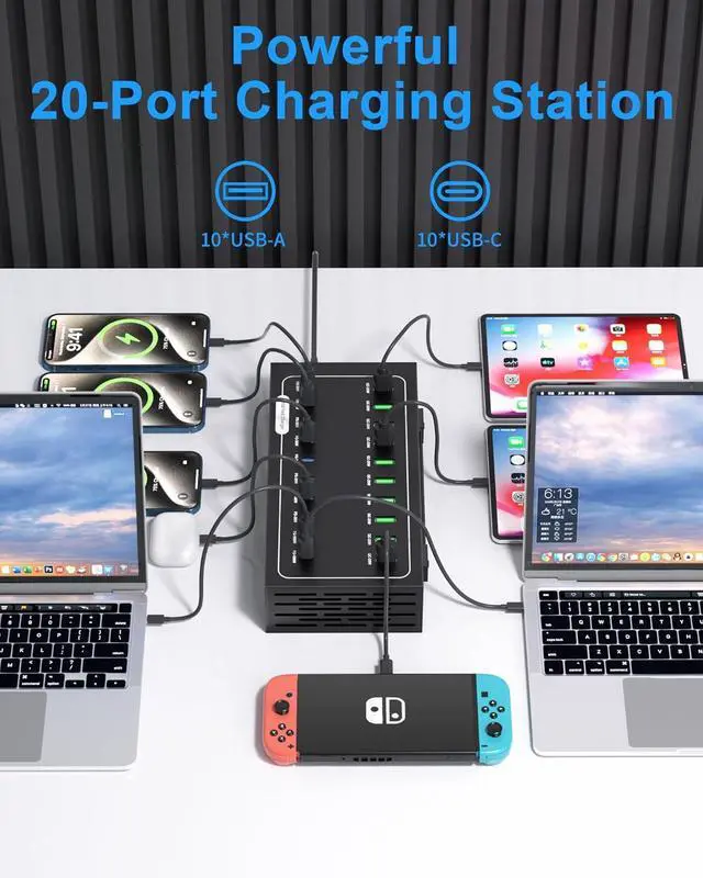 Alt view image 2 of 7 - 690W USB Charging Station 20 Port Fast Charging Station for Multiple Devices PD 100W USB C Charger Block Smart Power Delivery & Multi Protection for Laptop MacBook iPhone iPad Tablet and More