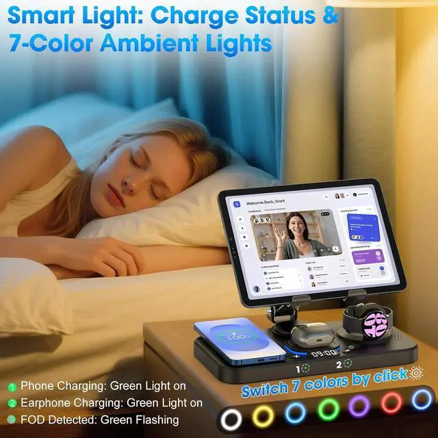 Alt view image 4 of 7 - 30W Magnetic Wireless Charger for  6 in 1 Foldable Android Mag-Safe Charging Station for Tablet with Clock & 7 Color Light Nightstand Charger for Galaxy S25 Ultra/Watch 8/Buds 3 Pro(Black)
