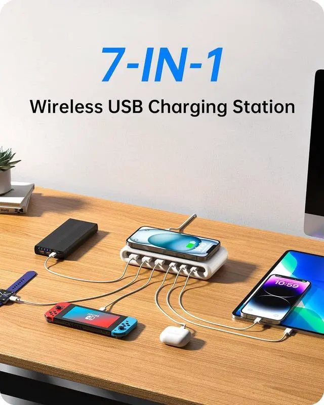 Alt view image 2 of 7 - 135W USB C Charging Station 7-in-1 Magnetic Wireless USB Charger Station with PD 45 Fast Charging & 10W Wireless Charger for Phone 13 12 iPad  Laptop and More