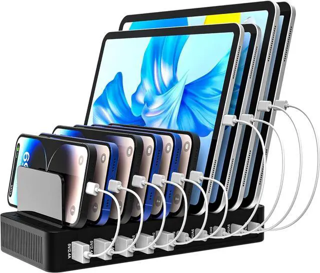 Main image of 100W 10-Port Smart Charging Station | 5 USB-A & 5 USB-C Ports | Organized Design for Cellphones Tablets Watches & More (Black)