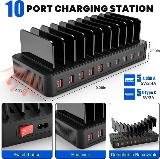 Alt view image 2 of 7 - 100W 10-Port Smart Charging Station | 5 USB-A & 5 USB-C Ports | Organized Design for Cellphones Tablets Watches & More (Black)