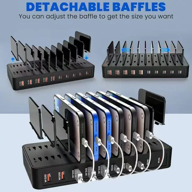 Alt view image 3 of 7 - 100W 10-Port Smart Charging Station | 5 USB-A & 5 USB-C Ports | Organized Design for Cellphones Tablets Watches & More (Black)