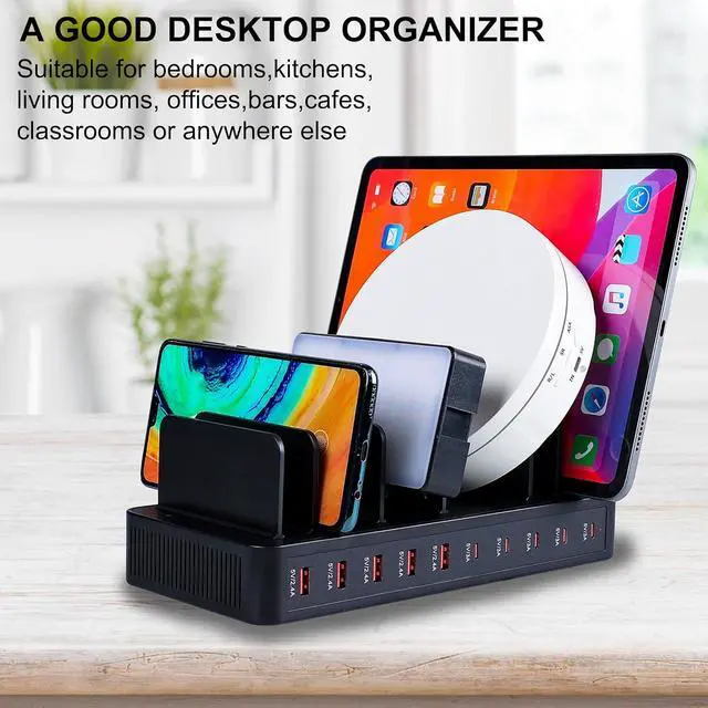 Alt view image 4 of 7 - 100W 10-Port Smart Charging Station | 5 USB-A & 5 USB-C Ports | Organized Design for Cellphones Tablets Watches & More (Black)