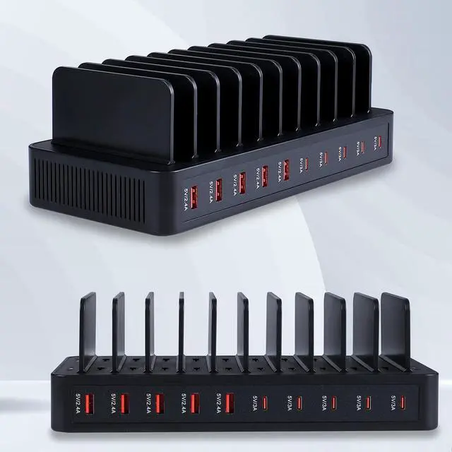 Alt view image 5 of 7 - 100W 10-Port Smart Charging Station | 5 USB-A & 5 USB-C Ports | Organized Design for Cellphones Tablets Watches & More (Black)