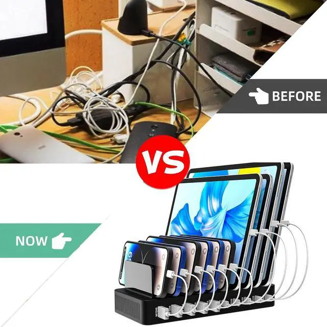 Alt view image 6 of 7 - 100W 10-Port Smart Charging Station | 5 USB-A & 5 USB-C Ports | Organized Design for Cellphones Tablets Watches & More (Black)