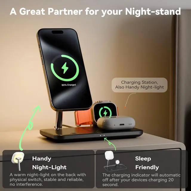 Alt view image 2 of 6 - Wireless Charging Station for iPhone 16/15/14/13/12 Series 4 in 1 Mag-Safe Charging Stand for Multiple  Watch Series 9-1/Ultra/SE&Airpods 4/3/2/Pro Magnetic Wireless Charger with Night-Lamp