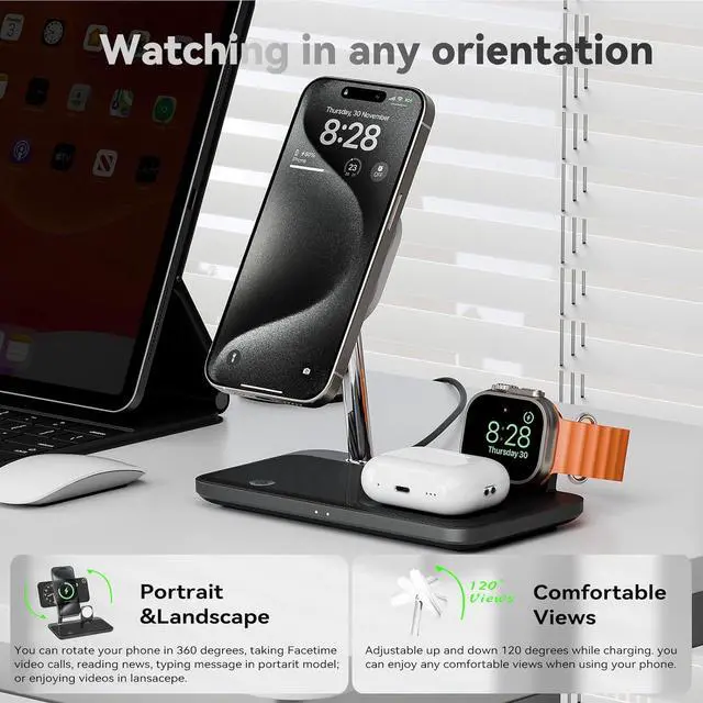 Alt view image 3 of 6 - Wireless Charging Station for iPhone 16/15/14/13/12 Series 4 in 1 Mag-Safe Charging Stand for Multiple  Watch Series 9-1/Ultra/SE&Airpods 4/3/2/Pro Magnetic Wireless Charger with Night-Lamp