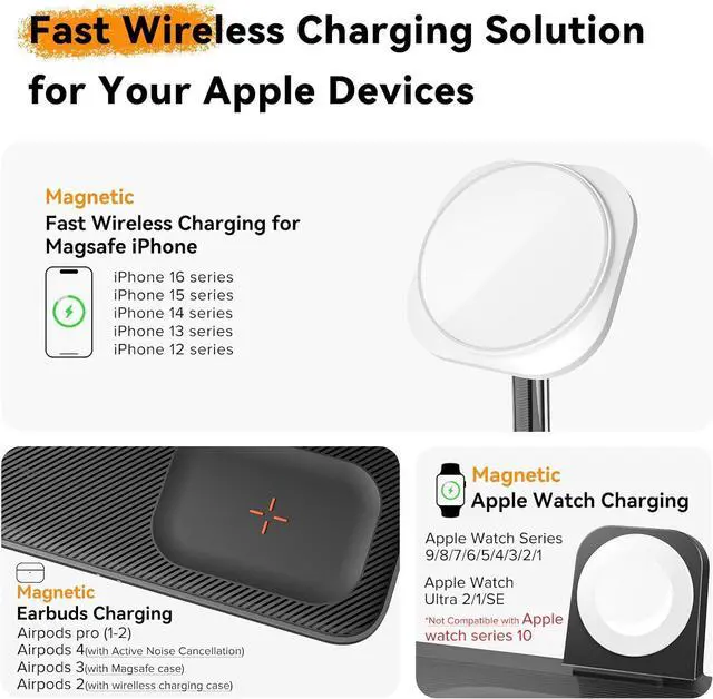 Alt view image 4 of 6 - Wireless Charging Station for iPhone 16/15/14/13/12 Series 4 in 1 Mag-Safe Charging Stand for Multiple  Watch Series 9-1/Ultra/SE&Airpods 4/3/2/Pro Magnetic Wireless Charger with Night-Lamp