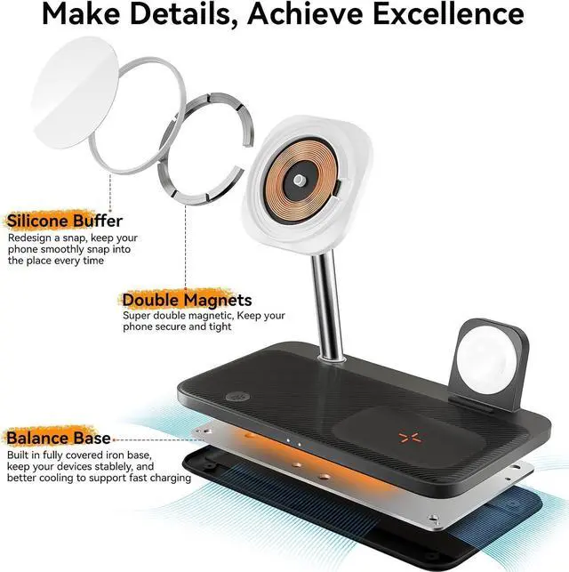 Alt view image 5 of 6 - Wireless Charging Station for iPhone 16/15/14/13/12 Series 4 in 1 Mag-Safe Charging Stand for Multiple  Watch Series 9-1/Ultra/SE&Airpods 4/3/2/Pro Magnetic Wireless Charger with Night-Lamp