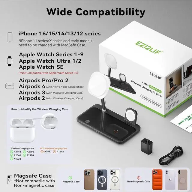 Alt view image 6 of 6 - Wireless Charging Station for iPhone 16/15/14/13/12 Series 4 in 1 Mag-Safe Charging Stand for Multiple  Watch Series 9-1/Ultra/SE&Airpods 4/3/2/Pro Magnetic Wireless Charger with Night-Lamp