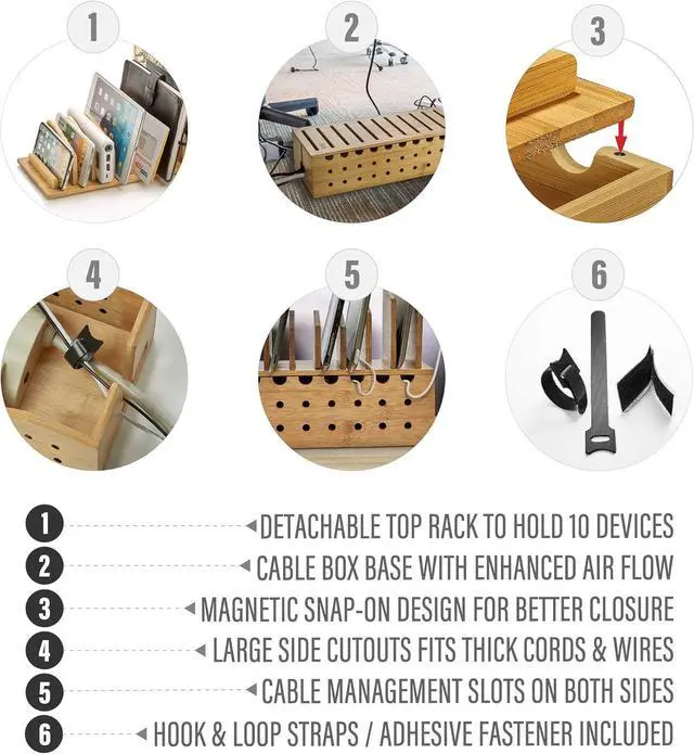 Alt view image 3 of 7 - Prosumers Choice Multiple Charging Station Rack with Cable Box Organizer - Bamboo Desk Organizer for 10 Devices and Cord Management - Compatible with Smartphones and Tablets