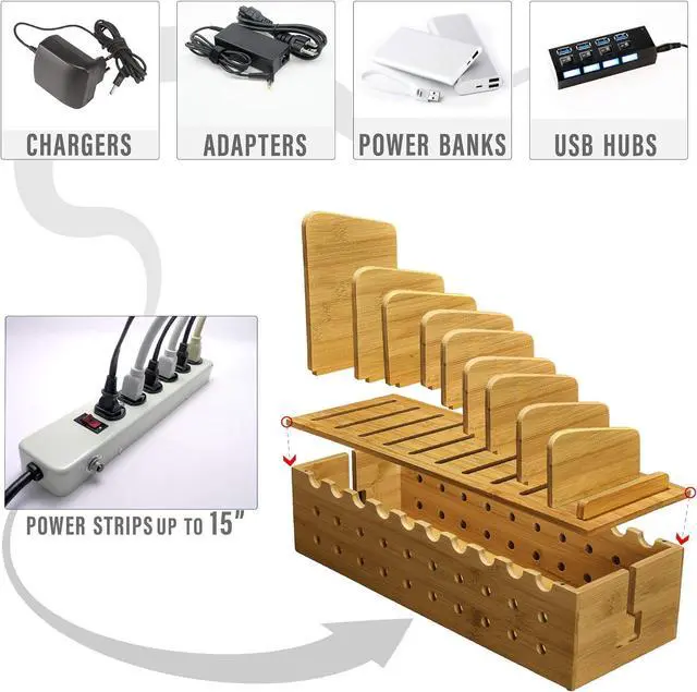 Alt view image 6 of 7 - Prosumers Choice Multiple Charging Station Rack with Cable Box Organizer - Bamboo Desk Organizer for 10 Devices and Cord Management - Compatible with Smartphones and Tablets