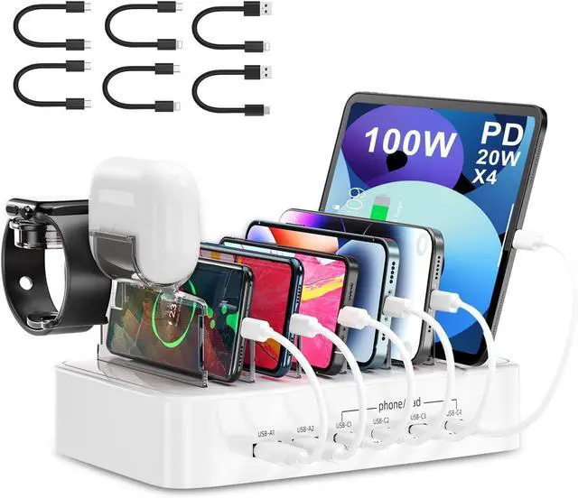 Main image of 100W Charging Station for Multiple Devices - 6-Port Phone Charger Station 4-PD USB C Fast Charging Station Organizer for iPhones|Android|iPads|Kindles|Watch|Tablet