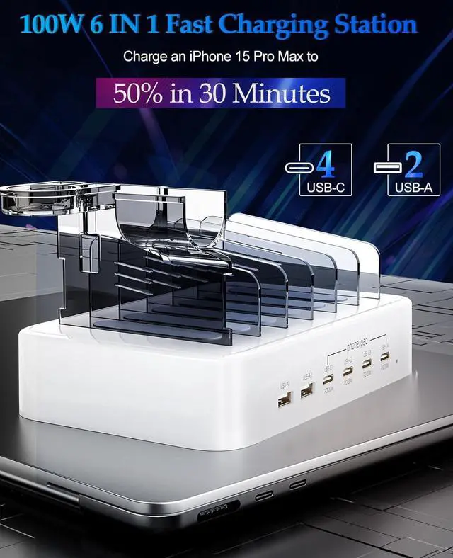Alt view image 2 of 7 - 100W Charging Station for Multiple Devices - 6-Port Phone Charger Station 4-PD USB C Fast Charging Station Organizer for iPhones|Android|iPads|Kindles|Watch|Tablet