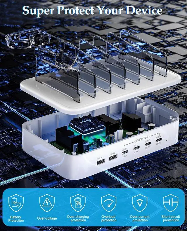Alt view image 3 of 7 - 100W Charging Station for Multiple Devices - 6-Port Phone Charger Station 4-PD USB C Fast Charging Station Organizer for iPhones|Android|iPads|Kindles|Watch|Tablet