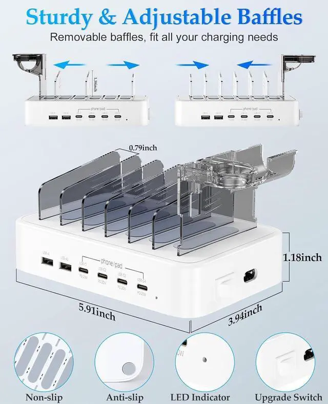 Alt view image 4 of 7 - 100W Charging Station for Multiple Devices - 6-Port Phone Charger Station 4-PD USB C Fast Charging Station Organizer for iPhones|Android|iPads|Kindles|Watch|Tablet