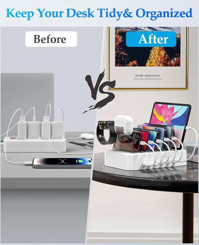 Alt view image 5 of 7 - 100W Charging Station for Multiple Devices - 6-Port Phone Charger Station 4-PD USB C Fast Charging Station Organizer for iPhones|Android|iPads|Kindles|Watch|Tablet