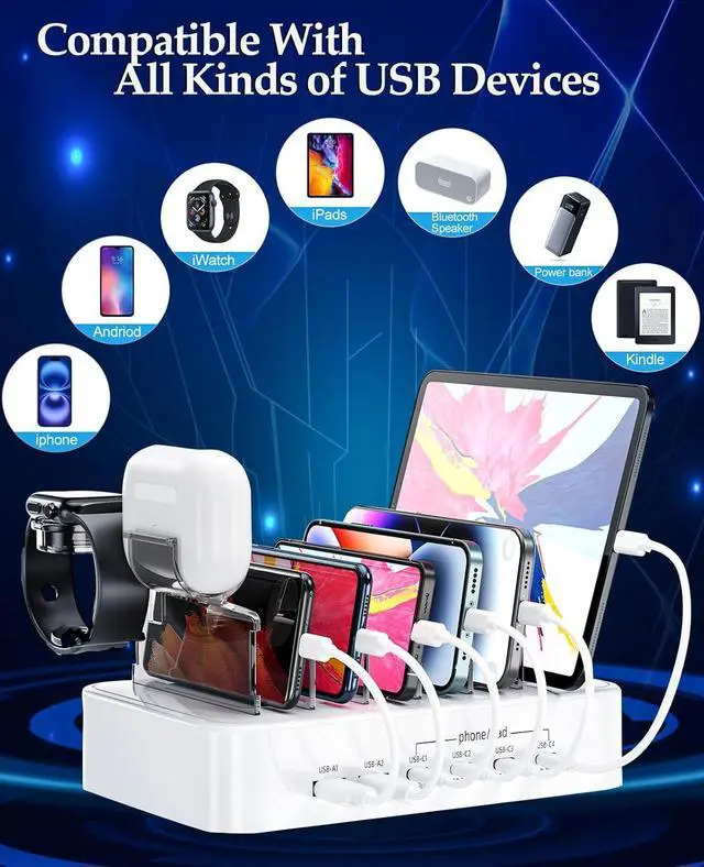 Alt view image 6 of 7 - 100W Charging Station for Multiple Devices - 6-Port Phone Charger Station 4-PD USB C Fast Charging Station Organizer for iPhones|Android|iPads|Kindles|Watch|Tablet